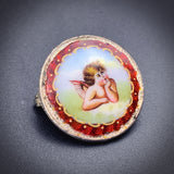 Antique German Sterling Silver & Hand Painted Porcelain Enamel Putto Brooch