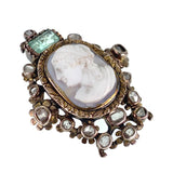SOLD Antique 18K, Diamond, Emerald & Carved Hardstone Cameo Brooch