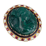 Antique & Vintage 14K, Ruby, Malachite & Enamel Cameo Brooch