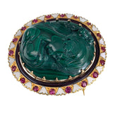 Antique & Vintage 14K, Ruby, Malachite & Enamel Cameo Brooch