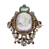 SOLD Antique 18K, Diamond, Emerald & Carved Hardstone Cameo Brooch