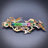 Vintage Percossi Papi Tourmaline, Ruby, Sapphire, Emerald, Seed Pearl & Enamel Dragon Trio Brooch