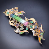 Vintage Percossi Papi Tourmaline, Ruby, Sapphire, Emerald, Seed Pearl & Enamel Dragon Trio Brooch