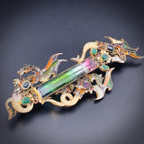 Vintage Percossi Papi Tourmaline, Ruby, Sapphire, Emerald, Seed Pearl & Enamel Dragon Trio Brooch