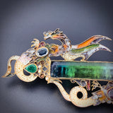 Vintage Percossi Papi Tourmaline, Ruby, Sapphire, Emerald, Seed Pearl & Enamel Dragon Trio Brooch
