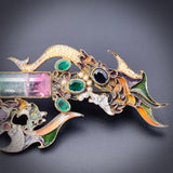 Vintage Percossi Papi Tourmaline, Ruby, Sapphire, Emerald, Seed Pearl & Enamel Dragon Trio Brooch