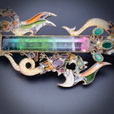 Vintage Percossi Papi Tourmaline, Ruby, Sapphire, Emerald, Seed Pearl & Enamel Dragon Trio Brooch