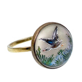 Estate 14K & Hand Painted Reverse Intaglio Duck Conversion Ring