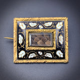 Antique Enamel & Plaited Hair Mourning Brooch In Gold Over Silver