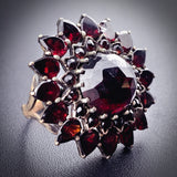 Antique 9K & Bohemian Garnet Cluster Flower Ring
