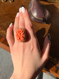 Estate 14K & Carved Coral Cameo Daffodil Ring