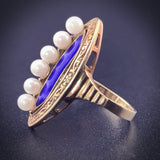 Estate 14K, Pearl & Enamel Navette Ring
