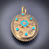 Antique 15K, Diamond & Persian Turquoise Locket Back Pendant