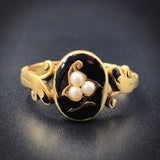 Antique 15K, Seed Pearl & Enamel Ivy Leaf Mourning Ring