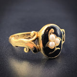 Antique 15K, Seed Pearl & Enamel Ivy Leaf Mourning Ring
