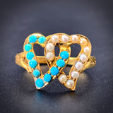 Antique 15K, Turquoise & Seed Pearl Double Witch's Heart Ring