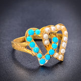 Antique 15K, Turquoise & Seed Pearl Double Witch's Heart Ring