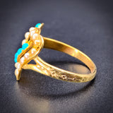 Antique 15K, Turquoise & Seed Pearl Double Witch's Heart Ring