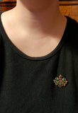 Antique Art Nouveau 9K, Silver, Emerald, Garnet & Enamel Brooch