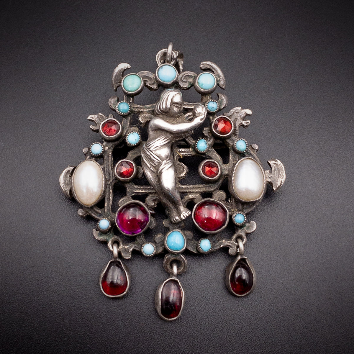 Antique Austro-Hungarian Silver, Garnet, Pearl & Turquoise Eve