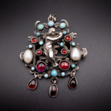 Antique Austro-Hungarian Silver, Garnet, Pearl & Turquoise Eve & The Apple Brooch
