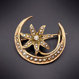 Antique 14K, Diamond & Seed Pearl Starflower & Crescent Brooch