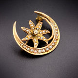 Antique 14K, Diamond & Seed Pearl Starflower & Crescent Brooch