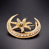 Antique 14K, Diamond & Seed Pearl Starflower & Crescent Brooch