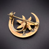 Antique 14K, Diamond & Seed Pearl Starflower & Crescent Brooch