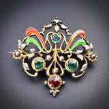 Antique Art Nouveau 9K, Silver, Emerald, Garnet & Enamel Brooch