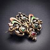 Antique Art Nouveau 9K, Silver, Emerald, Garnet & Enamel Brooch