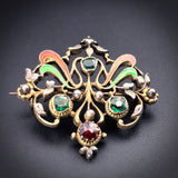 Antique Art Nouveau 9K, Silver, Emerald, Garnet & Enamel Brooch