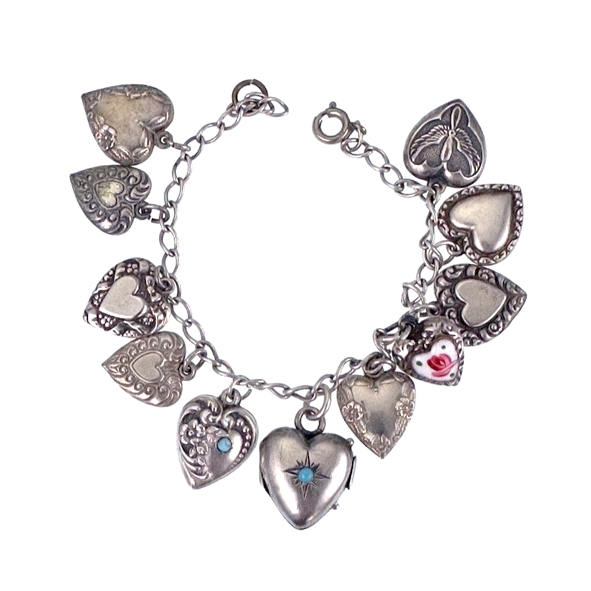 Silver Charm Bracelet, Silver Heart and Gemstone Charm Bracelet, Vintage  Style Bracelet, Handmade Unique Charm Bracelet, Girlfriend Present 