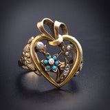 Antique Victorian 14K, Turquoise & Seed Pearl Narcissus Heart Conversion Ring