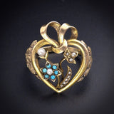 Antique Victorian 14K, Turquoise & Seed Pearl Narcissus Heart Conversion Ring