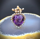 Antique 14K, Amethyst & Seed Pearl Heart/Crown Conversion Ring TLJ