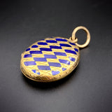 Antique 9K Back & Front & Blue Enamel Mourning Locket With Hair Under Glass