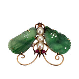 Vintage 14K, Carved Jade, Pearl & Ruby Moth Insect Brooch/Pendant