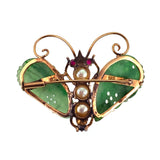 Vintage 14K, Carved Jade, Pearl & Ruby Moth Insect Brooch/Pendant