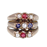 Antique  English 9K Rose Gold, Iolite, Tourmaline & Pearl Ring