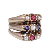 Antique  English 9K Rose Gold, Iolite, Tourmaline & Pearl Ring