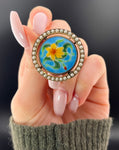 Antique 12K, Cloisonné & Guilloche Enamel & Seed Pearl Floral Brooch