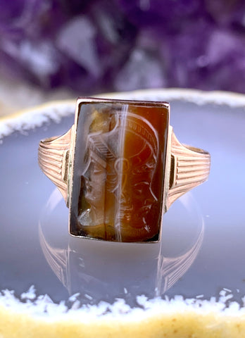 Antique 10K & Carved Agate Double Faced Cameo Ring