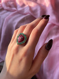 Antique 14K, Emerald, Seed Pearl & Enamel Heart Conversion Ring