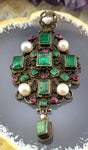 Antique Austro-Hungarian Silver, Emerald, Ruby & Pearl Pendant