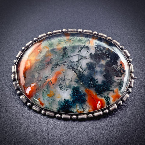 Antique Silver & Moss Agate Brooch