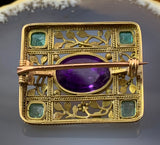 Antique English  Arts & Crafts 15K, Amethyst & Emerald Brooch