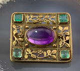 Antique English  Arts & Crafts 15K, Amethyst & Emerald Brooch