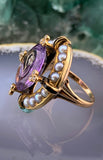 Antique 10K, Diamond, Amethyst, Seed Pearl & Enamel Ring