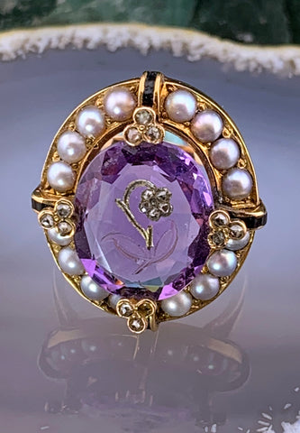 Antique 10K, Diamond, Amethyst, Seed Pearl & Enamel Ring